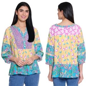NWT John Mark Embroidered Multi Print Banded Y-Neck 3/4 Sleeve Popover Top 2X